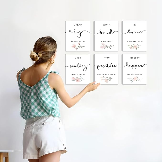 Inspirational Wall Art for Bedroom, Motivational Office Wall Art Decor, Framed Canvas Wall Art for Women, Girls, Positive Affirmations Quotes Prints, Set of 6PCS, 8"x10", FRAMED