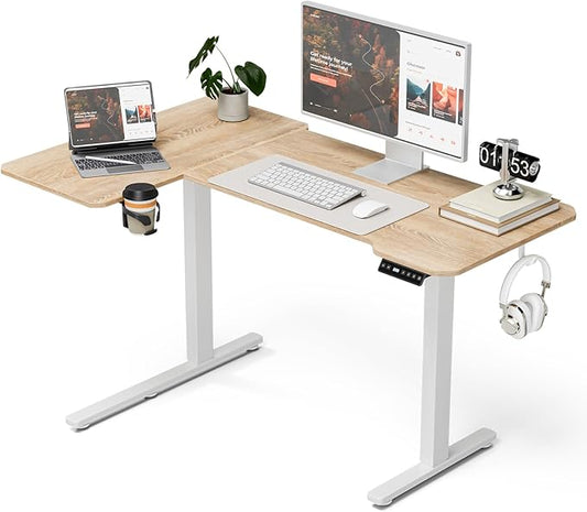Acrolix L Shaped Electric Standing Desk - 51x31.5 Inch Reversible Corner Sit Stand Desk with Hook&Cup Holder,Electric Height Adjustable Table,for Small Home Office&Bedroom Computer Desk, Oak