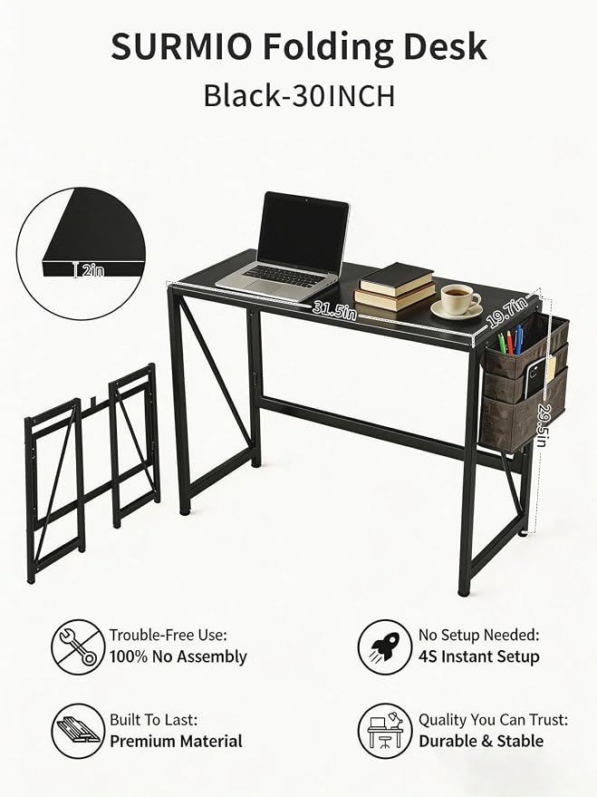 Modern Foldable Writing Computer Desk with Storage Bag, No-Assembly Study Office Desk Foldable Table for Small Spaces, Home Office (Black, 31.5 inch)