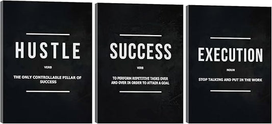 Halioyo Motivational Wall Art, 3 Pane Inspirational Canvas Prints with Positive Saying, Hustle Success Office Wall Decor for Living Room, Bedroom, Workspace, Ready to Hang(12x16 inch)