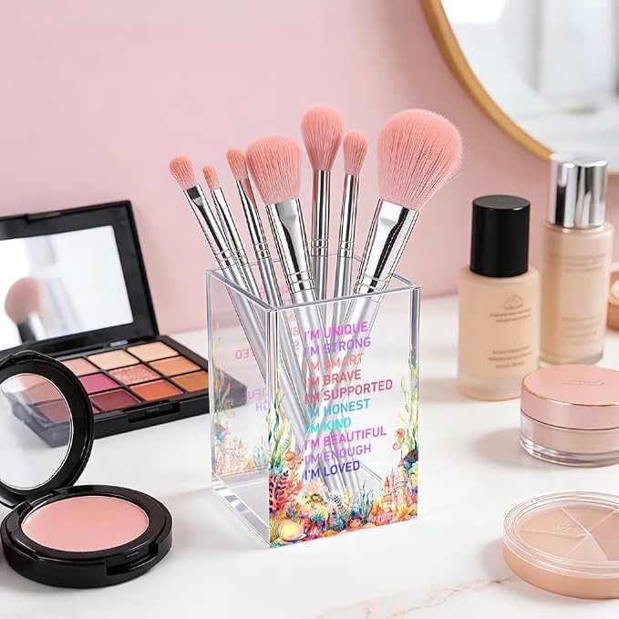 I Am Affirmation Acrylic Pencil Pen Holder Cup, Women Affirmation Desk Accessories Holder, Ocean Design Makeup Brush Storage Organizer, Back To School Birthday Gifts for Daughter Niece