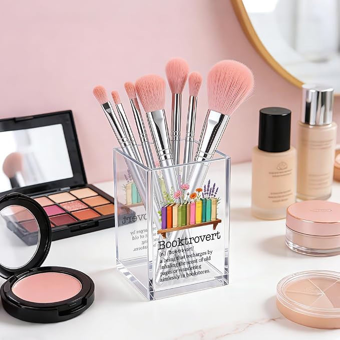 Booktrovert Acrylic Pencil Pen Holder Cup, Reading Book Club Makeup Brush Storage Organizer, Cute Bookish Desk Accessories Holder Gifts for Daughter Reading Lover Librarian Teacher Holders