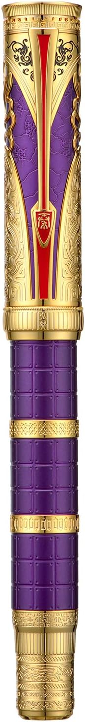 HONG DIAN D5 Qin Dynasty Fountain Pen Purple Gold, Extra Fine Nib Piston Filling Pen, Retro Chinese Totem Engraving Smooth Writing Pen with Pen Box Set