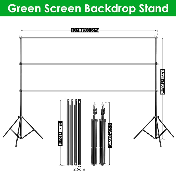 Green Screen Backdrop Kit, 6.5 x 10 Ft Portable Greenscreen Background with Stand, 5 Clamps & Carrying Bag for Photography, Streaming, Zoom, Gaming, YouTube
