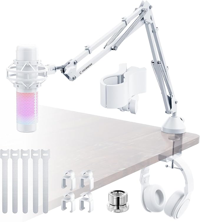 CACENCAN Boom Arm Micophone, Mic Arm Desk Mount Foldable with 3/8'' to 5/8'' Screw Adapter Adjustable Mic Stand for Podcasting Gaming Recording - White, M06W-US