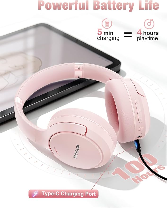 RUNOLIM Hybrid Active Noise Cancelling Headphones, Wireless Over Ear Bluetooth Headphones with Microphone, 100H Playtime, Foldable Headphone with HiFi Audio, Deep Bass for Home Travel Office（Pink）