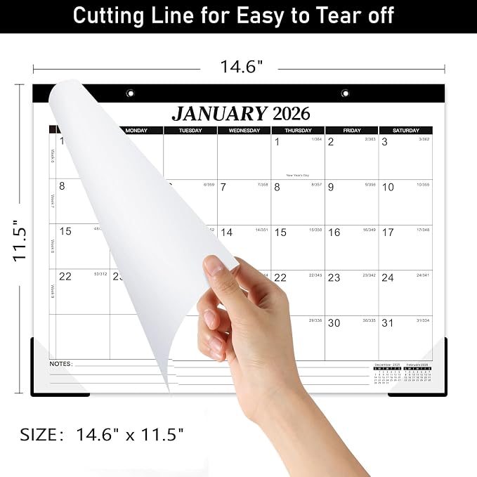 2026 Desk Calendar - 12 Monthly Desk Calendar 2026, Feb.2026 - Dec.2026, 14.6" x 11.5", Desk/Wall Calendar 2-in-1, Thick Paper with Corner Protectors, Hanging Holes, Large Daily Blocks