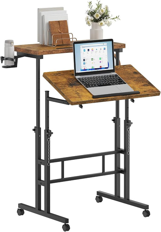 Simple Deluxe Split Top Rotating Standing Desk on Wheels – 23.6" Manual Adjustable Height Mobile Laptop Computer Table – Sit Stand Rolling Workstation with Tilt Function – Brown
