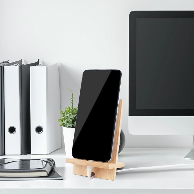 Mobile Stand Japanese Style Cellphone Holder Desktop Organizer Charging Station Compatible with All Smartphones Tablets Natural Bamboo Wood Portable Adjustable Angle (PLAIN-2HOLES)