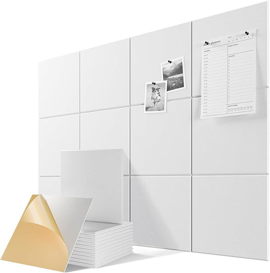 6 Pack Self-Adhesive Sound Proof Foam Panels for Walls 12"x12"x0.4" Fabric | High-Density Acoustic Panels, Noise Reducing Soundproof Wall Panels for Home Studio, 36" x 24" Felt Bulletin Board White