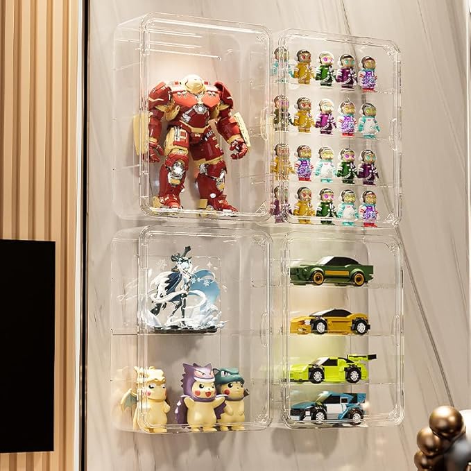 BOHOIDEE 4 Tiers Clear Display Case for Figures, Acrylic Storage Organizers Box with Magnetic Door, Wall-Mounted Dustproof Showcase for Collectibles Action Figure