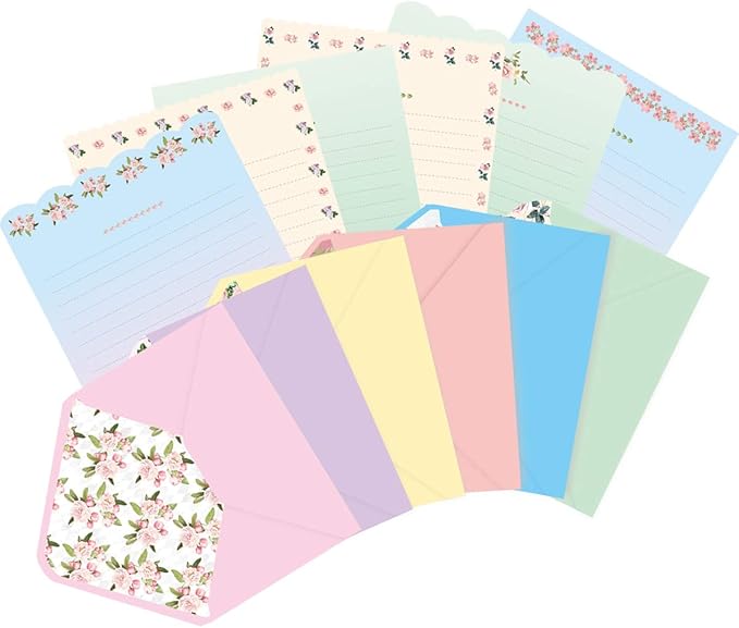 Ceiba Tree Cute Floral Stationery Letter Paper (48 PCS) 7.1 x 5.2 inch Lined Matching Envelopes (24 PCS) Double Sided for Invites