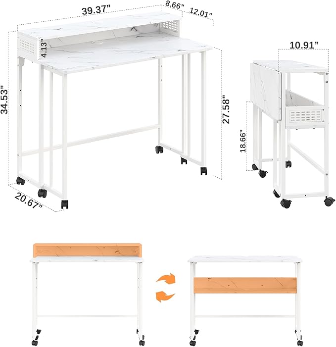 Gezen Folding Desk With Storage Shelf, Small Rolling With Wheels, Mobile Couch Sofa Side Table Bed for Home Office Small Space, White Marble, 39.4"