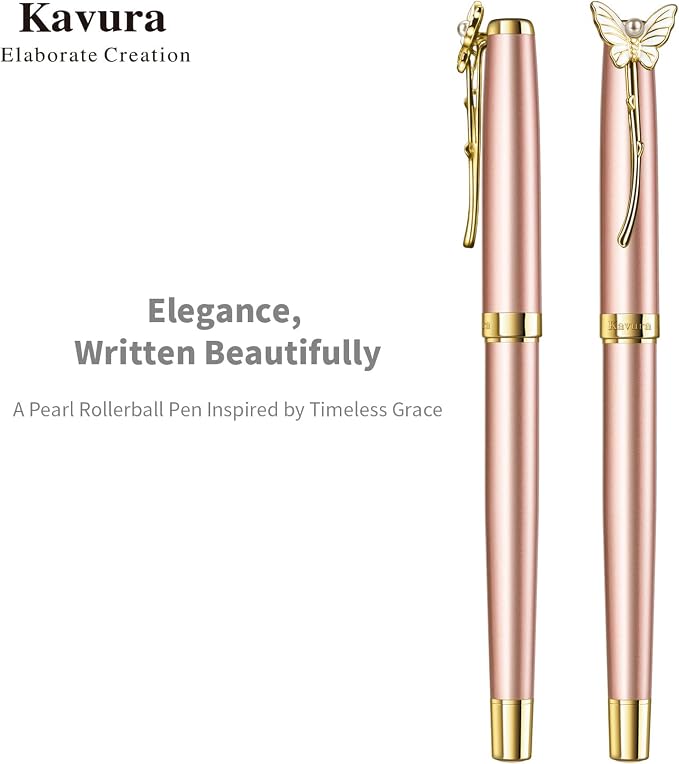 Butterfly & Pearl Rollerball Pen – Elegant Brass Pen Gift Set for Women, Jewelry-Inspired Design, Glossy Finish, with German Refill, Gift for Her, Graduation & New Beginnings (Rose Gold)