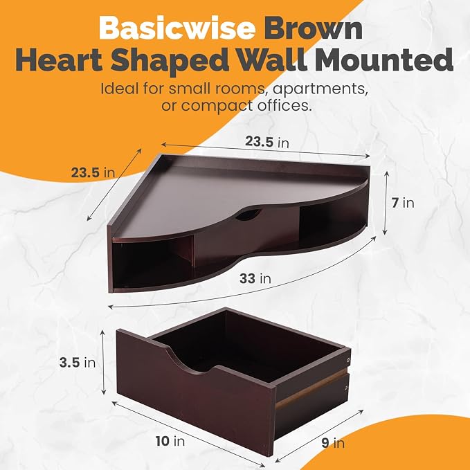 Basicwise Black Heart Shaped Wall Mounted Office Table with Drawer and Two Shelves Computer Writing Corner Desk QI004024.BN