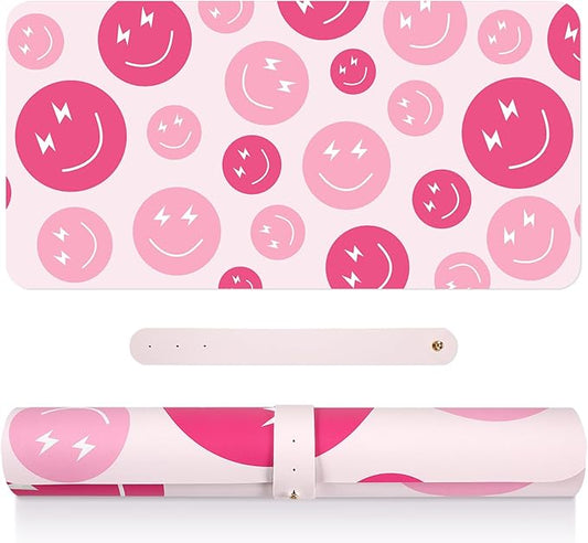 Smile Face Makeup Vanity Mat Leather Desk Pad Protector Cute Pink Mouse Mat Office Desk Dual-Sided Dressing Waterproof Writing Pad for Desktop Office and Home