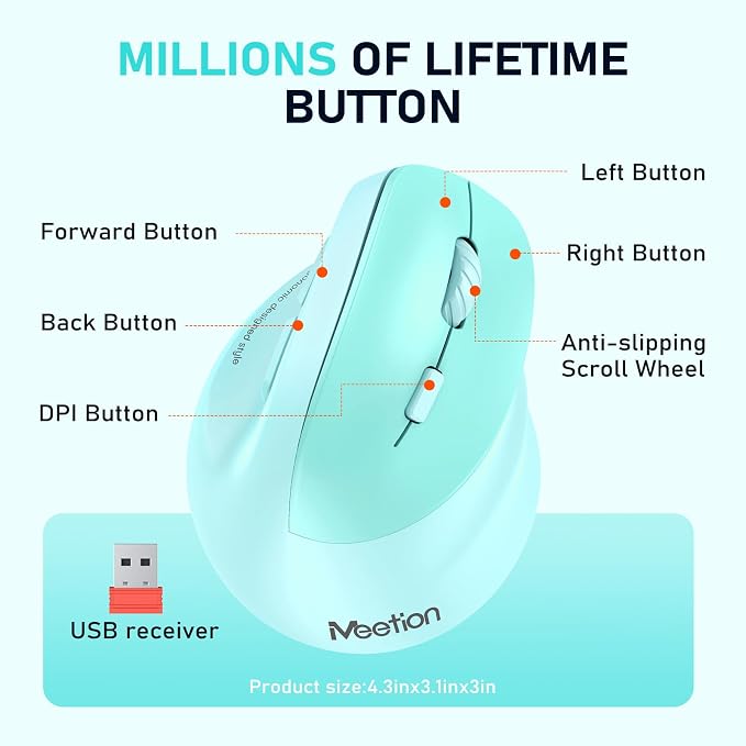 MEETION Ergonomic Mouse, Wireless Vertical Mouse RGB Backlit Rechargeable Mice for Bluetooth(5.2 + 3.0) & USB, 4 Adjustable DPI for Mac/Windows/Andriod/PC/Tablet/iPad GN