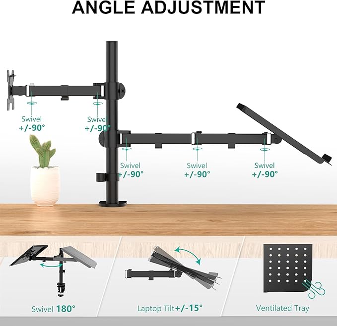 WALI Dual Arm Laptop and Monitor Desk Mount for 17" Notebook and Up to 27" Screen, Fully Adjustable Monitor Arm with Laptop Tray, VESA 75x75 100x100, Holds up to 22 lbs, Black (M001LP)