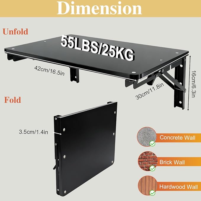 Folding Shelf Wall Mounted for Small Space, Black Wall Table for Living Room Bedroom Decor, Home Office Floating Fold Down Desk, Media Shelves with Heavy, 16.5"*11.8"