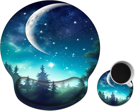 Mouse Pad with Wrist Support Gel, Ergonomic Mouse Pad with Comfortable Wrist Rest, Gaming Mousepad Non-Slip PU Base for Laptop Office Easy Typing & Pain Relief,Night Sky Stars Forest