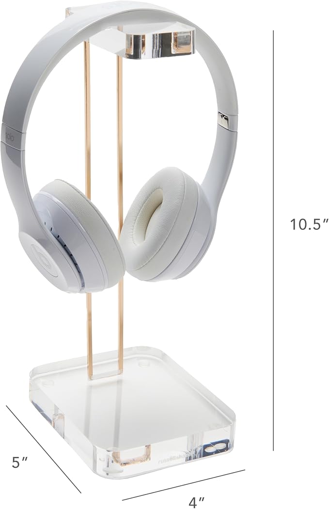 RUSSELL+HAZEL Acrylic Headphones Stand with Gold Hardware, Clear Headset Holder & Desk Accessory for Home Office Workspace Organization, 4" x 5" x 10.5"(Pack of 2)