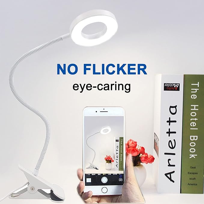 LED Desk Lamp with Clamp for Video Conference Lighting, USB Light for Laptop Zoom Meetings, Clip on LED Ring Light for Computer Webcam Lighting Dimmable White