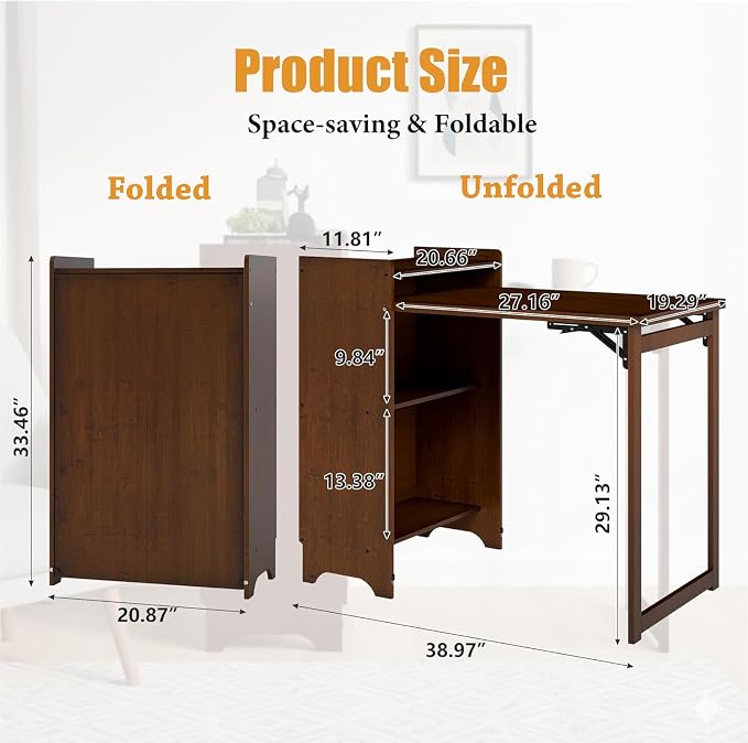 tonchean Bamboo Folding Desk for Small Spaces with Storage Bookshelf, Mid Century Foldable Computer Desk, Fold Out Writing Table, Space Saving Hideaway Workstation for Home Office Bedroom Dorm, Brown