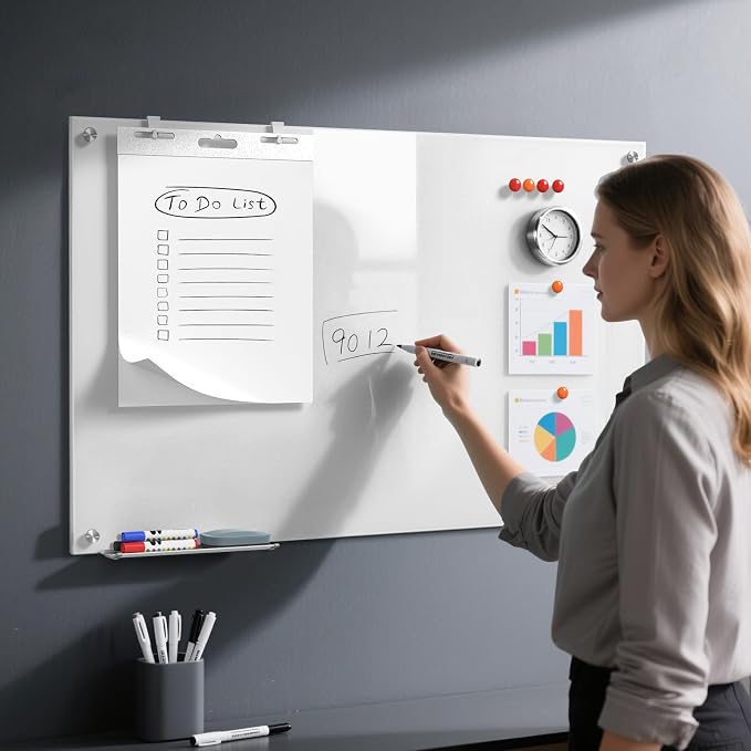 MaxGear Tempered Glass Whiteboard Dry Erase Board 48x30 Inch Ultra White | Magnetic Steel,Frameless Design,Smooth Writing,Ghost Free,Wall Mounted,Accessory Kits,Office Classroom Conference Room Use