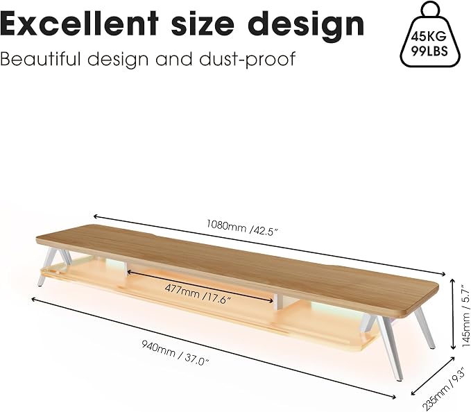 Fenge 42.5 Inch Monitor Stand with LED Lights, Dual Monitor Riser with Acrylic Shelf & Aluminum Legs, Desk Monitor Shelf for Home Office & Gaming, Dark Oak
