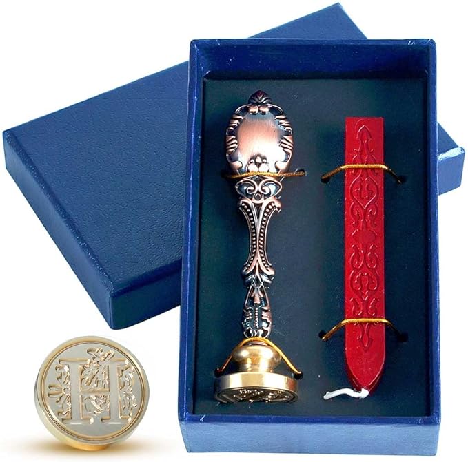 Wax Seal Stamp kit, Envelope Wax Seals DIY Kit - Retro Sealing Wax Candle + Classic Initial Alphabet Seal Wax Seal Stamp Letter H - in Blue Gift Box