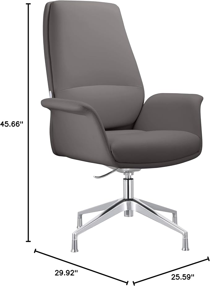 LeisureMod Mid-Century Modern Swivel Office Chair, Adjustable Height with Faux Leather Seat and Aluminum Frame, Grey