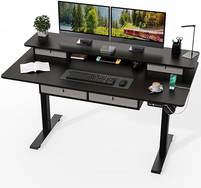 Kingant Electric Standing Desk with 4 Drawers,USB Charging Ports 63"x 30" | Ergonomic Height Adjustable Large Workstation, Heavy-Duty Sit Stand Up Desk For Home Office Daily Work,Black
