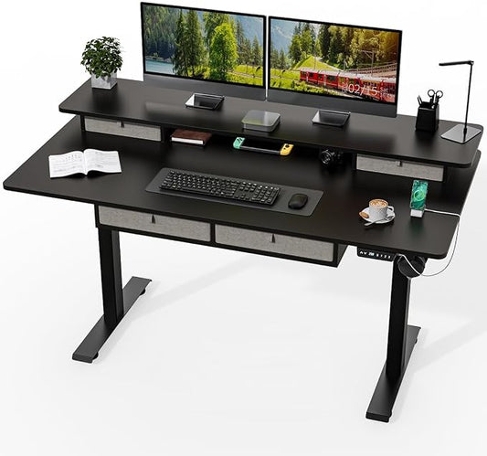 Kingant Electric Standing Desk with 4 Drawers,USB Charging Ports 63"x 30" | Ergonomic Height Adjustable Large Workstation, Heavy-Duty Sit Stand Up Desk For Home Office Daily Work,Black