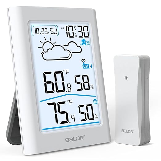 BALDR Indoor Outdoor Thermometer Wireless with Clock, Battery Powered Weather Station Indoor Outdoor, Portable Outside Temperature Monitor for Home Patio