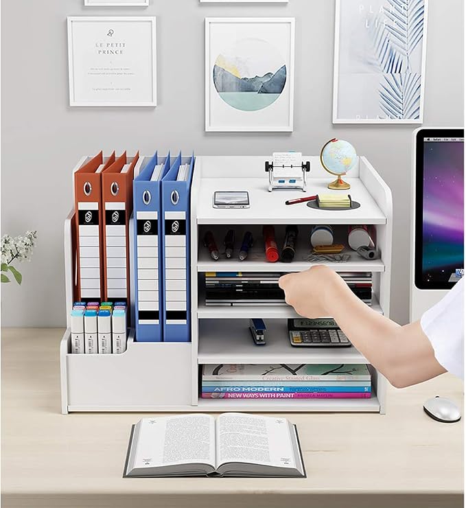 White Desktop Organizer, Multipurpose Desk Document File Tray Organizer Storage Display Shelf Rack for Home Office School(PB07-3)