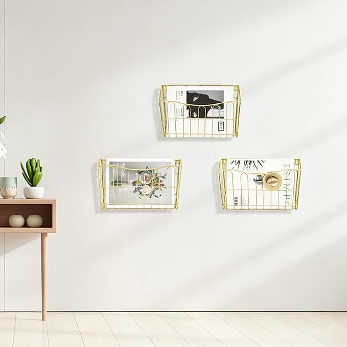 TQVAI Hanging Wall File Organizer 3 Pack, Gold Metal Wall Mounted File Holder, No Assembly Required, Curved Pocket Paper Document Rack for Office Home School Magazine Mail Storage