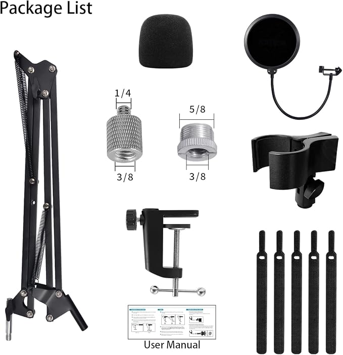 Mic Stand Boom Arm for Blue Yeti, Nano, HyperX QuadCast Snowball Fifine and More Mic, Adjustable Boom Arm Desk Microphone Stand with 3/8" to 5/8" 1/4" Screw, Pop Filter Mic Clip Cable Ties