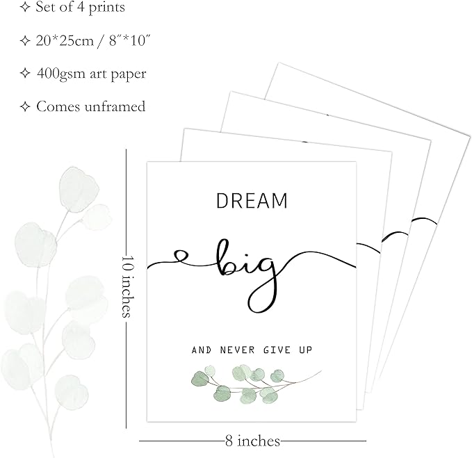 Howwii Inspirational Wall Art Office Decor, Motivational UNFRAMED Wall Art Prints for Bedroom,Living Room,Office,Classroom, Set of 4, 8"x10"