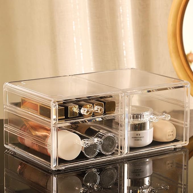 Cq acrylic 1 Pack Clear Stackable Storage Drawers for Vanity,Stackable 3 Drawers Desktop Organizer With Drawers,Cute Desk Storage for Office,Jewelry,Hair Clip,Beauty,Skincare and Make Up Organizers