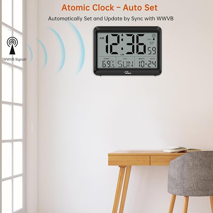 WallarGe Self-Setting Atomic Digital Wall Clock with Auto DST | Battery Operated, Large Display with Temperature, Date and Day, 4 Time Zones, Wall Mount/Desktop Clock for Classroom, Office