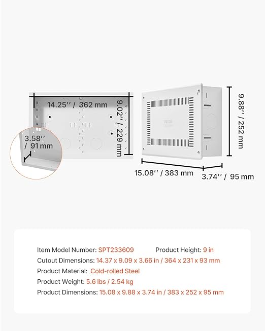 VEVOR Structured Media Enclosure, 9-Inch, Recessed in-Wall Media Box with Cover, Wall-Mount Cable Management Box Kit, Structured Wiring Multi-Media Cabinet, Cold-Rolled Steel, for TV Home Theater