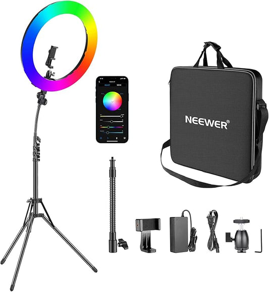 Neewer 18-inch RGB Ring Light with APP Control, Dimmable Bi-Color 3200K-5600K CRI 97+ LED Ring Light with Stand, 0-360 Full Color, 9 Scenes Effect for Selfie/Makeup/Party/Vlog/YouTube/Photography