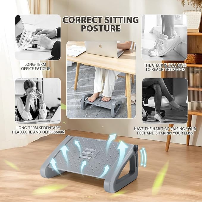 CasaZenith Foot Rest, Six Heights Adjustable Foot Rest for Under Desk at Work, Ergonomic Foots Stool for Under Office Desks, Under Desk Footrest with Foot Massage Roller, Chair Footrest - Gray