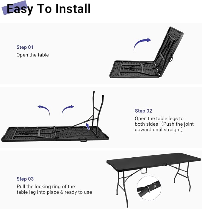 Byliable Folding Table 6ft, Heavy Duty Portable Plastic Fold-in-Half Utility Table with Carrying Handle for Indoor Outdoor, Camping Picnic Party, Black