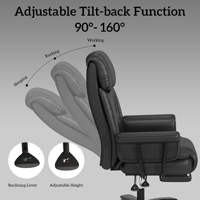 GYI 160 Reclining Office Chair with Footrest, Big & Tall Desk Chair, Black | Cross Legged Seat, High Back, Faux Leather, Heavy Duty Base, Adjustable Height, for Home, Executive