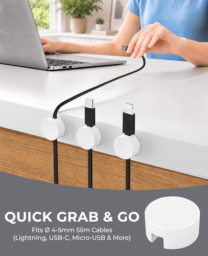 Magnetic Cable Holder, 8 Cable Clips for Desk Cord Management, White | Organize USB Wires, Laptop Chargers, Dashcam, Car Phone Lines, Home, Nightstand, Workspace & Travel RV Wire Organizers