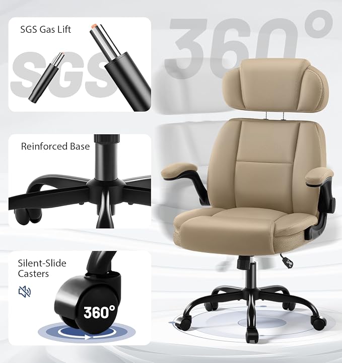 AreShark Ergonomic Office Chair with Lumbar Support, 400lbs Heavy Duty Big and Tall Executive Desk Chair, PU Leather High Back Computer Chair with Flip-Up Arms & Adjustable Headrest, Khaki