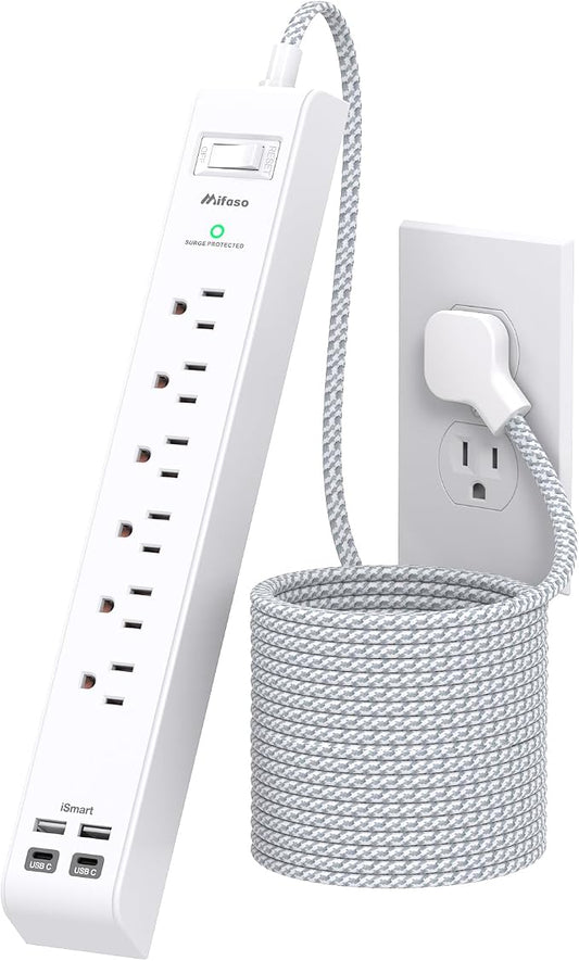 Surge Protector Power Strip 5FT, 10-in-1 with 6 AC Outlets 4 USB Ports(2 USB-C), Ultra Flat Plug Braided Extension Cord, Wall Mountable, 1080J Surge Protection, ETL Listed, White