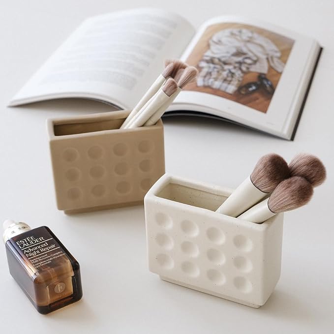 WENSHUO Ceramic Pen Holder,Pen Holder for Desk, Makeup Brush Holder, Crème | Building block-shaped ceramic organizer in Matte Crème, 3.7 x 3.7 x 1.5 in, for pens, makeup brushes and small flowers.