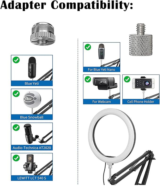Boom Arm Suspension Mic Heavy Duty Microphone Arm for Blue Yeti, Hyperx Quadcast, Adjustable Boom Mic Stand Desk with Pop Filter, 1/4“-3/8“-5/8“ Adapter, Mic Mounts,Broadcast